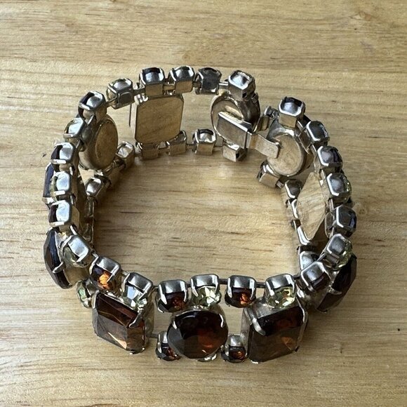 Vintage Link Bracelet Size 7 Amber Yellow Rhinestones‎ Crystal Glass Gold Plated - Picture 3 of 8